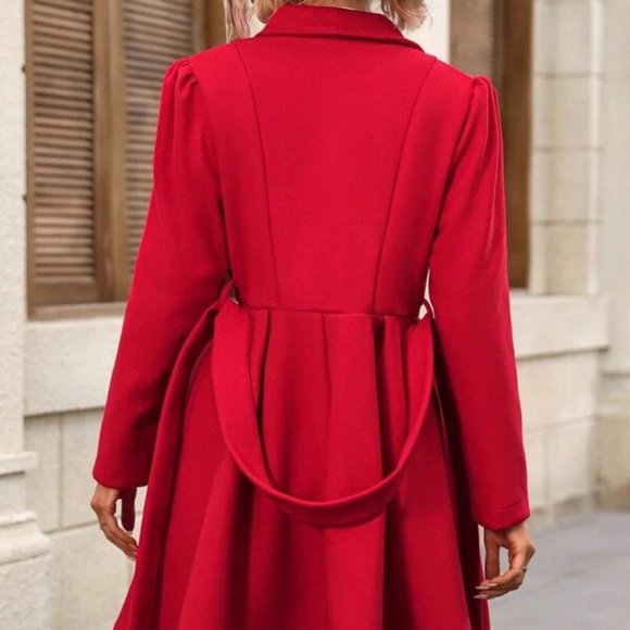Red Double Breasted Belted Overcoat - Picture 2 of 5